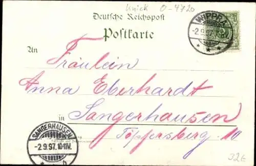 Litho Wippra Sangerhausen am Harz, Gesamtansicht, Deutsches Haus, Rehe am Wald