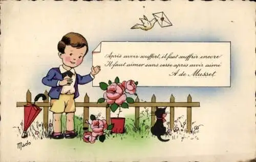 Künstler Ak Mado, Junge, Rosen, Zaun, Schwarze Katze, Vogel mit Brief im Schnabel