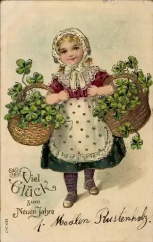 Präge Ak Glückwunsch Neujahr, Mädchen mit Körben, Glücksklee