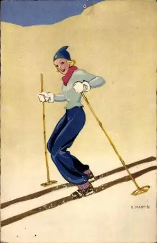 Künstler Ak Martin, E., Frau fährt Ski, Skifahrt, Wintersport