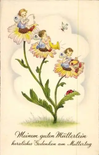 Ak Glückwunsch Muttertag, Musizierende Kinder, Blumen, Insekt