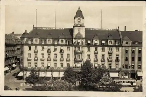 Ak Oslo Norwegen, Grand Hotel, Straßenbahn