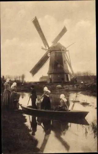 Ak Zeeland Niederlande, Volkstrachten, Windmühle, Met melk naar de stad