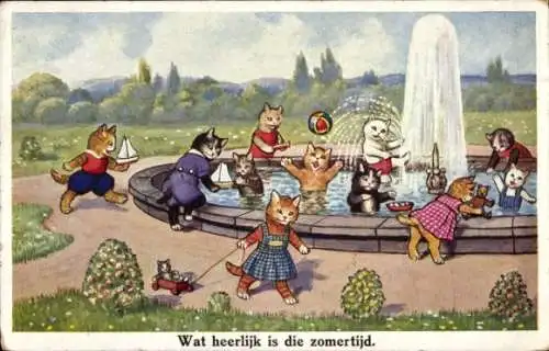 Ak Vermenschlichte Katzen baden im Stadtbrunnen