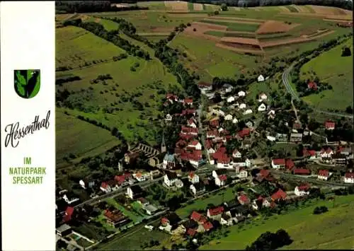 Ak Hessenthal Mespelbrunn im Spessart, Panorama, Wallfahrtskirche, Wappen