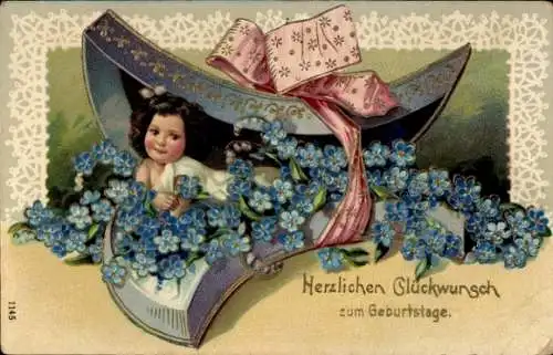 Ak Glückwunsch Geburtstag, Kind, Schachtel, Vergissmeinnicht