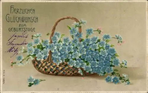 Präge Ak Glückwunsch Geburtstag, Blumenkorb, Vergissmeinnicht