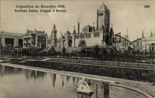 Ak Bruxelles Brüssel, Exposition Universelle 1910, Pavillons Italien, Uruguay et Herstal