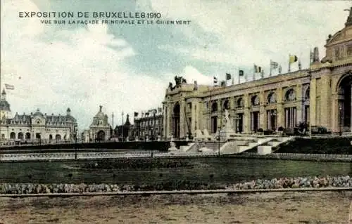 Ak Bruxelles Brüssel, Exposition 1910, Vue sur la Facade prinipale et le chien vert