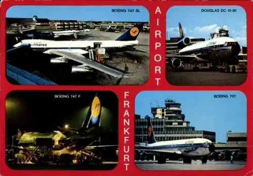 Ak Flughafen Frankfurt Main, Passagierflugzeug Lufthansa Boeing 747 SL, 747 F, 707, Douglas DC 10-30