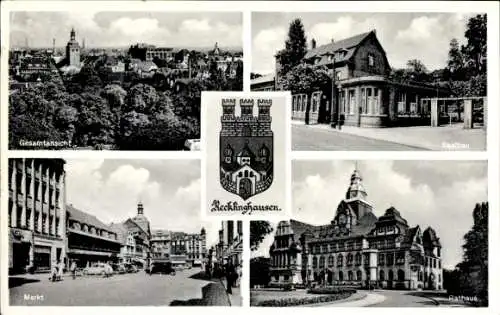 Ak Recklinghausen im Ruhrgebiet, Gesamtansicht, Saalbau, Markt, Rathaus, Wappen