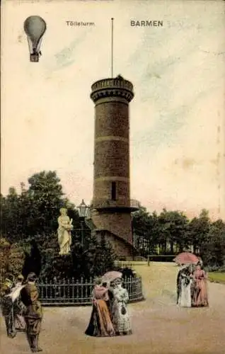 Ak Barmen Wuppertal, Tölleturm, Heißluftballon, Statue, Passanten