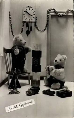 Ak Glückwunsch Geburtstag, Teddys spielen mit Bausteinen