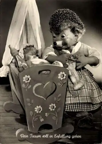 Ak Mecki der Igel, Dein Traum soll in Erfüllung gehen, Igelfrau, Wiege, Baby