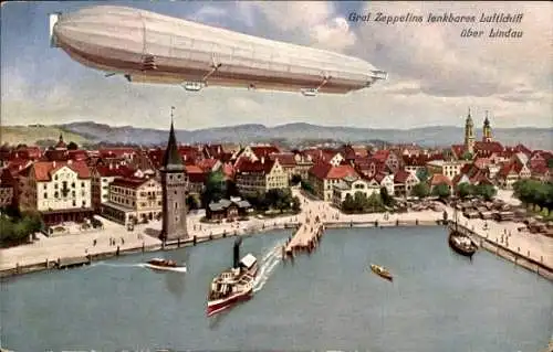 Künstler Ak Lindau am Bodensee Schwaben, Panorama vom Ort m. Graf Zeppelins Luftschiff, Dampfer