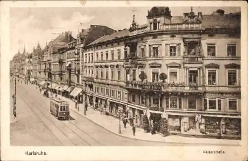 Ak Karlsruhe in Baden, Kaiserstraße, Geschäfte, Straßenbahn