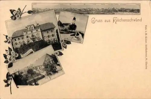 Ak Höchenschwand im Schwarzwald, Kirche, Kurhaus, Alpenpanorama vom Kurhaus gesehen