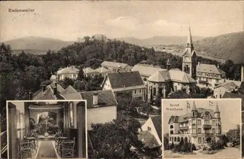 Ak Badenweiler im Schwarzwald, Teilansicht, Kirche, Hotel Waldhaus, Vestibül