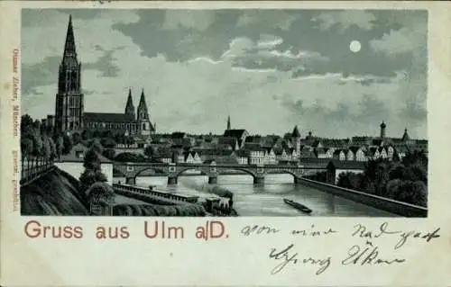 Mondschein Litho Ulm an der Donau, Münster, Brücke