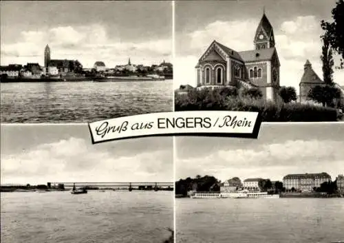 Ak Engers Neuwied am Rhein, Uferansicht, Kirche, Brücke