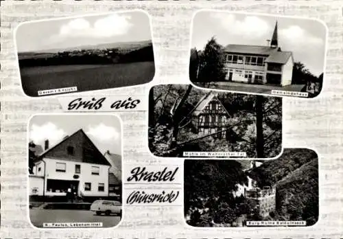 Ak Krastel Bell im Hunsrück, Gesamt-Ansicht, Gemeindehaus, Mühle, Burg-Ruine Balduinstein