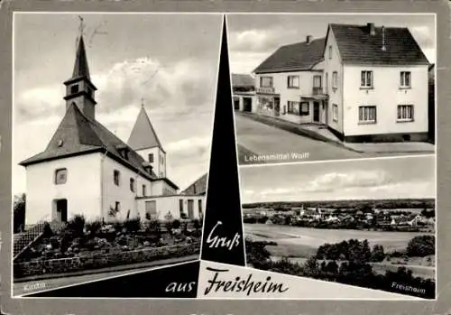 Ak Freisheim Berg bei Ahrweiler Rheinland Pfalz, Kirche, Lebensmittel Wolff, Panorama, Kirche