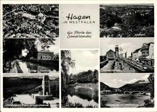 Ak Hagen in Westfalen Ruhrgebiet, Fliegeraufnahme, Stadtpark, Volme, Stadthalle, Bahnhofsvorplatz