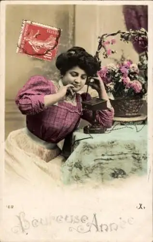 Ak Frau am Telefon, Fröhliches Neujahr