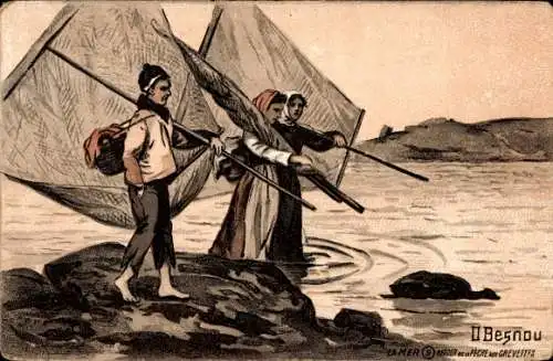 Künstler Ak Besnau, O., Krabbenfischer an der Küste