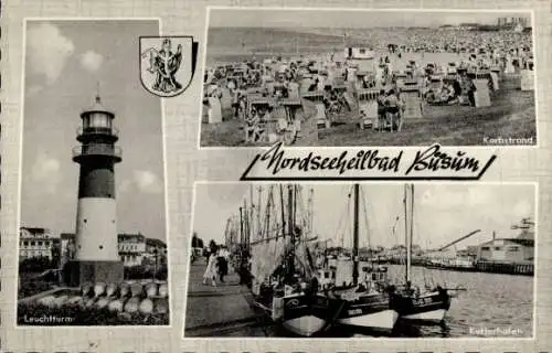 Ak Nordseebad Büsum, Wappen, Leuchtturm, Kutterhafen, Korbstrand