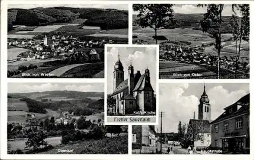 Ak Fretter Finnentrop Sauerland, Hauptstraße, Kath. Kirche, Oberdorf, West u. Ostblick