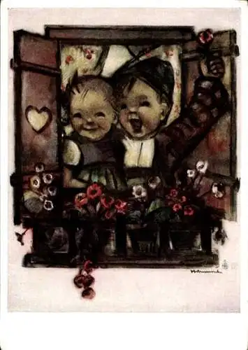 Künstler Ak Hummel, Berta, Kinder am Fenster, Blumenkasten, Nr. 5325