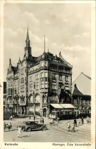 Ak Karlsruhe in Baden, Moninger, Ecke Kaiserstraße, Straßenbahn