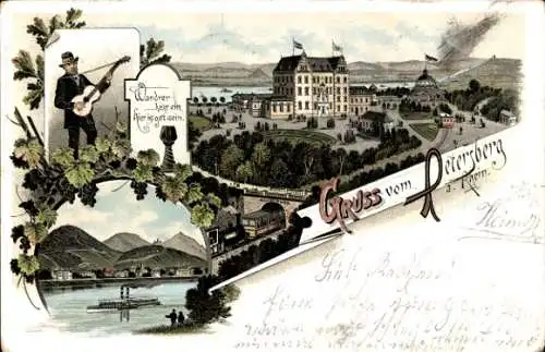 Litho Königswinter am Rhein, Petersberg, Panorama, Mann mit Gitarre