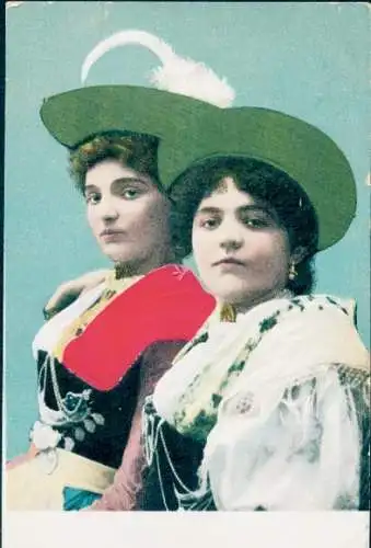 Stoff Ak Zwei Frauen in Tiroler Tracht, Portrait, Hüte