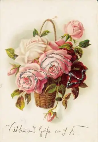 Glitzer Litho Rosen im Korb, Blumenkorb