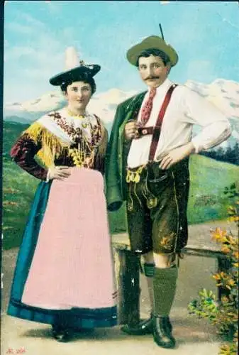 Präge Stoff Ak Ehepaar in bayrischer Tracht