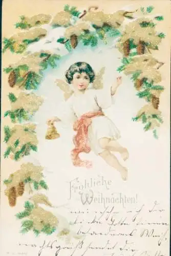 Glitzer Litho Glückwunsch Weihnachten, Engel, Glocke, Tannenzapfen