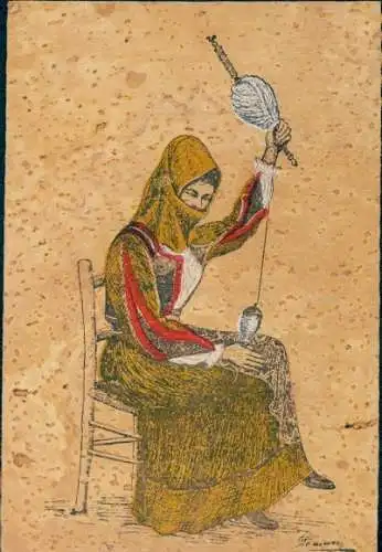 Material Ak Orgosolo Sardegna, Italienische Tracht, Frau beim Spinnen