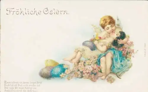 Glitzer Litho Glückwunsch Ostern, Engel, Liebespaar, Ostereier