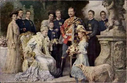 Künstler Ak Keller, F., Kaiserhaus, Wilhelm II, Kaiserin Auguste Viktoria, Kronprinz, Windhund