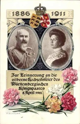 Künstler Ak Schnorr, König Wilhelm II v. Württemberg, Königin Charlotte, Silberhochzeit 1911, Wappen