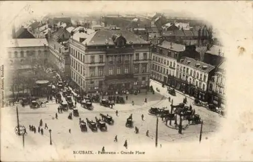 Ak Roubaix Nord, Panorama, Grande Place, Kutschen