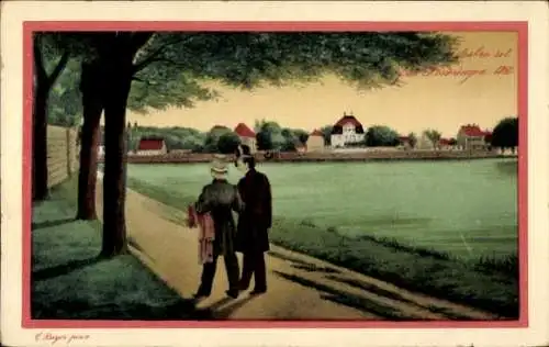 Ak Dosseringen Dänemark, Ansicht im Jahr 1860, Uferweg, Spaziergänger