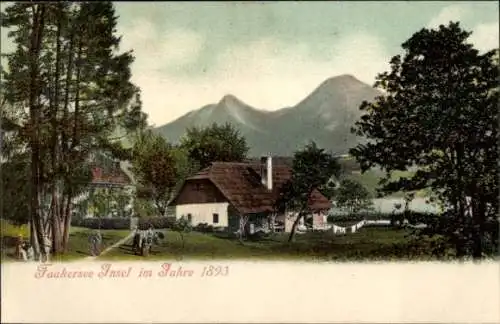 Ak Faak am See Kärnten, Bauernhof auf der Faakersee Insel im Jahre 1893