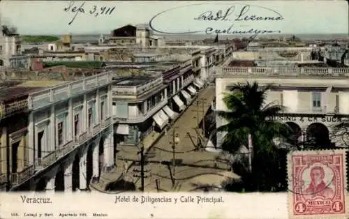 Ak Veracruz Mexiko, Hotel de Diligencias, Calle Principal
