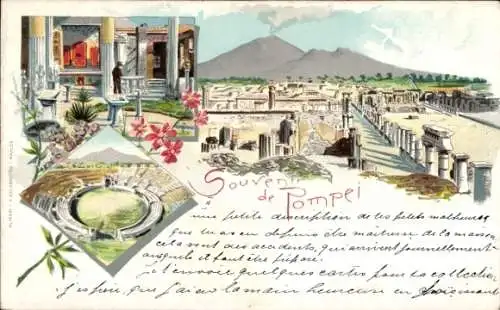 Litho Pompeji Pompei Kampanien, Gesamtansicht, Ruine, Säulen