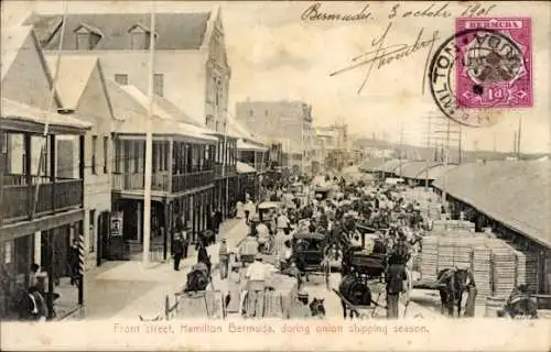 Ak Hamilton Bermuda, Front Street, während der Zwiebelschifffahrtssaison