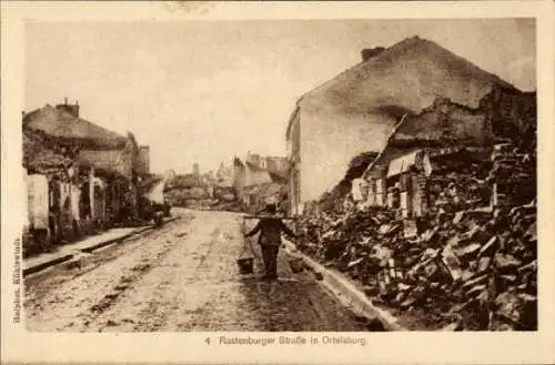 Ak Szczytno Ortelsburg Ostpreußen, Rastenburger Straße, Zerstörungen, Wasserträger