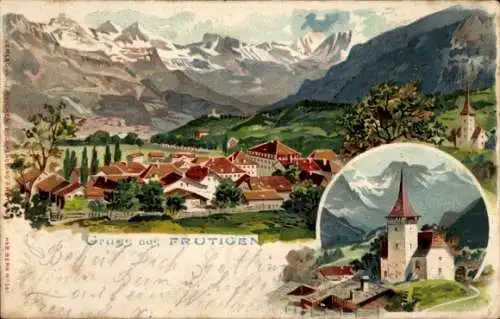 Litho Frutigen Kanton Bern, Gesamtansicht, Kirche